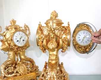 DOUBLE SIDED DIAL Mantel Top Clock Set Candelabras C1840 French Antique Ormolu Gilded Clock. Offered With a One Years Guarantee !!!