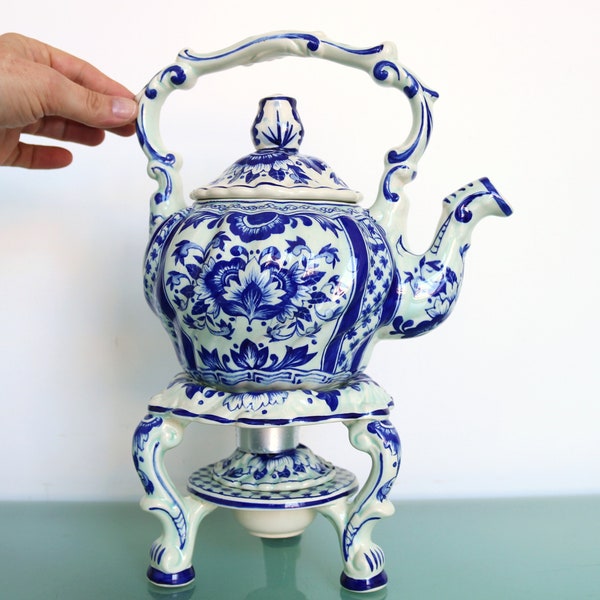 DELFT BLUE Boch Antique TOP Teapot Burner Porcelain Tea Jug Bowl Stove Matching Set Undamaged Holland The Netherlands Intact Oil Lamp Heater