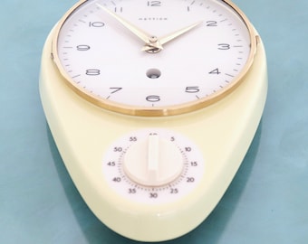 HETTICH Horloge Murale Top Condition Minuteur de CUISINE vintage JAUNE Blanc Allemagne Céramique/Verre Ovale Restauré Service 8 jours Garantie d'un an !