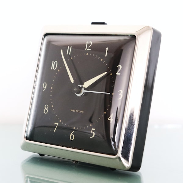 WESTCLOX SCOTLAND Alarm Mantel Clock Vintage Black Dial Metal Curved Glass Restored & Serviced 1950s One Year Guarantee! Mid Century UK