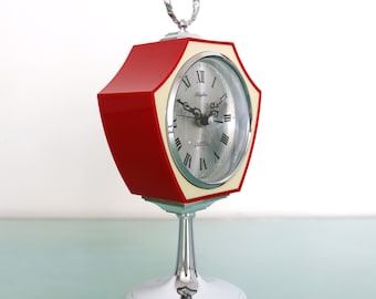 RHYTHM 51128 Vintage Mantel Alarm Clock CHROME Pedestal Space Age Retro Clock Serviced Winding Clock. Offered With One Years Guarantee!