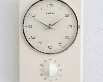SCHATZ ROTEL Wall Top Clock vintage KITCHEN Timer années 1960 Allemagne Fenêtre en verre Chrome restauré et entretenu ! Milieu du siècle. Garantie d'un an !