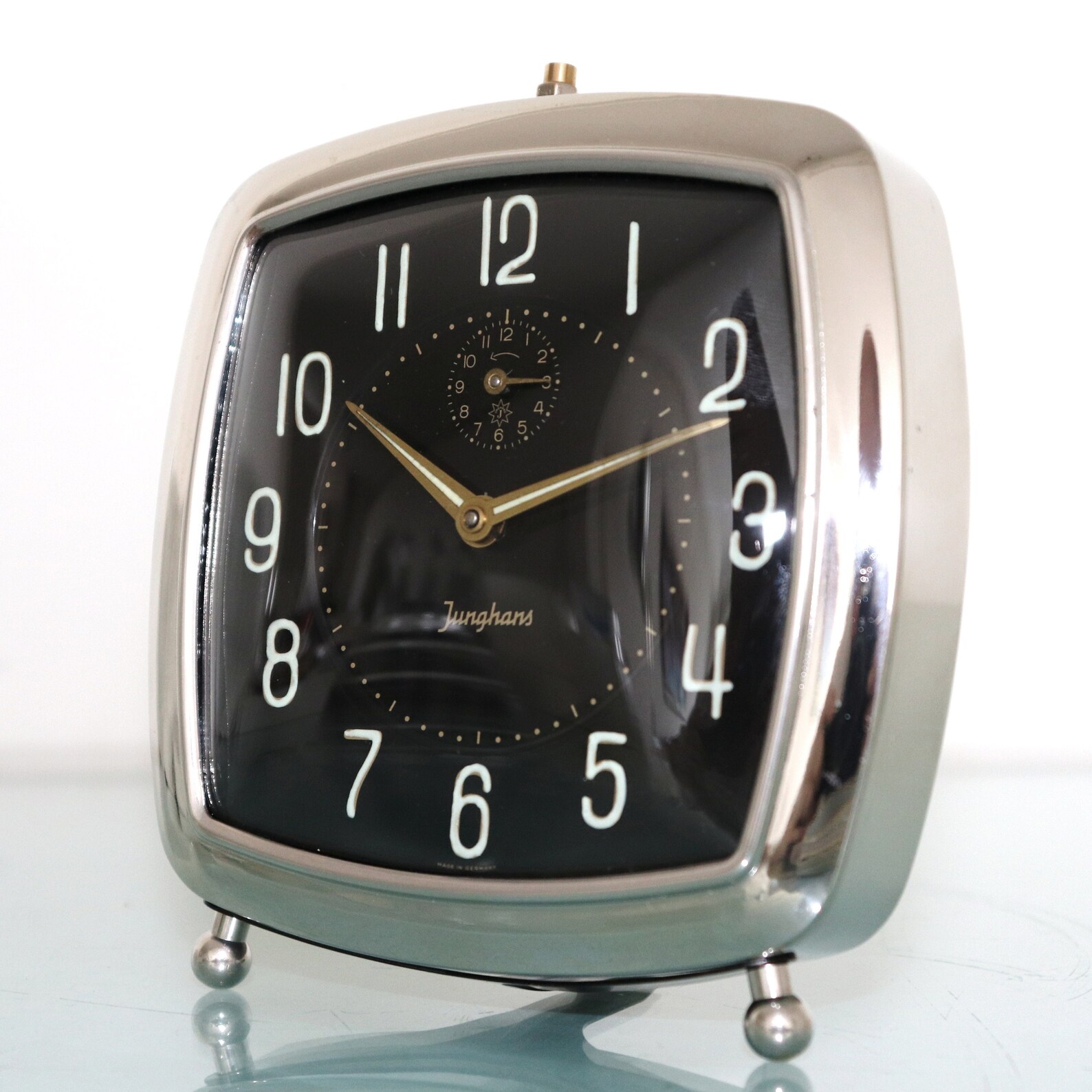 JUNGHANS Alarm Clock Mantel Vintage BLACK Metal CURVED Glass Etsy