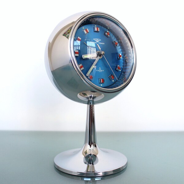 TOKYO TOKEI Chrome Top! CONDITION Alarm/Mantle Clock Space Age Blue Dial Vintage. With an One Years Guarantee!