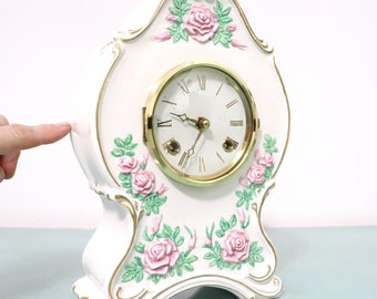 FRANKLIN MINT Hermle ROSE Porcelain Mantel Clock Vintage Double Bell Chime Germany fm 1991 uk 8 Days! Serviced Restored One Year Guarantee!!