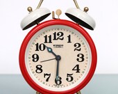 BLESSING Germany ALARM Clock DOUBLE Bells Mid Century Serviced Restored Red White Vintage Working condition One Year Guarantee
