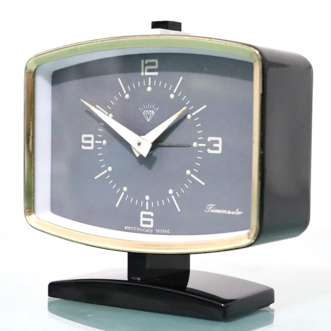 FIVE RAMS Mantel Alarm Mantel Top!! Clock Vintage BLACK Brass Gold Case ...