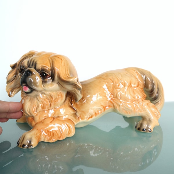 GOEBEL PEKINESE Large!!! UNDAMAGED Vintage Figurine Porcelain Mid Century German; Marked Goebel Dog.  Collectors Item