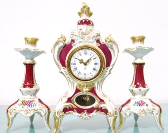 Ensemble d'horloges murales de cheminée DRESDE DORE 8 jours, porcelaine rare rococo, pièces latérales assorties, lustres révisés restaurés Allemagne 1 an de garantie !