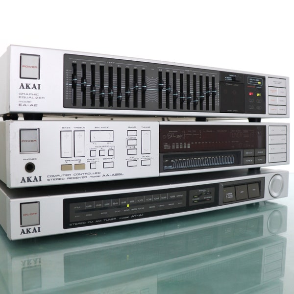 AKAI HIFI Matching Set AA-A25L Amplifier/Receiver Ea-A2 Equalizer at-a1 Tuner Working Silver Flat Design!! Early 1980s One Years Guarantee!!