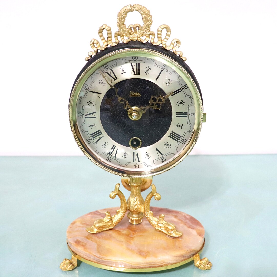 PLATO Mantel Clock Vintage 8 Day Pendulum MARBLE GILDED Bronze Mid