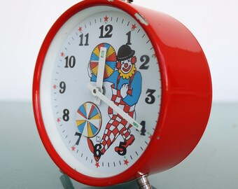 CLOWN Alarm Top! Mantel Dutch Clock Vintage ANIMATED FEATURE White Shelf Working Condition Winding. Offered With a One Years Guarantee!!!