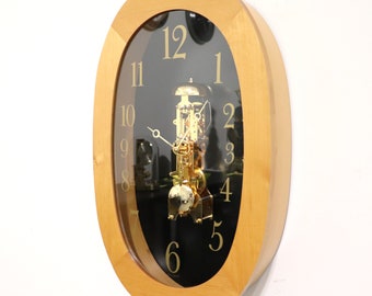HERMLE Wall Clock Design Skeleton Translucent BLOND Wood 1990s 8 Days 5 Jewels! Brown Gold Germany Restored Serviced! One Years Guarantee!!!