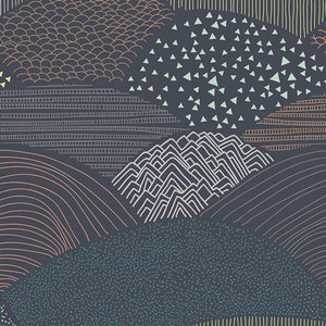 May include: Abstract pattern with a dark blue background featuring a variety of geometric shapes and lines in white, light blue, and orange. The pattern includes triangles, waves, and stripes.