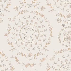 May include: A seamless pattern featuring delicate floral motifs in shades of beige and gray on a white background. The design includes small flowers, leaves, and branches arranged in a repeating pattern.