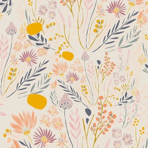 May include: A seamless pattern featuring a variety of stylized flowers and foliage in shades of pink, yellow, orange, and blue on a cream background.