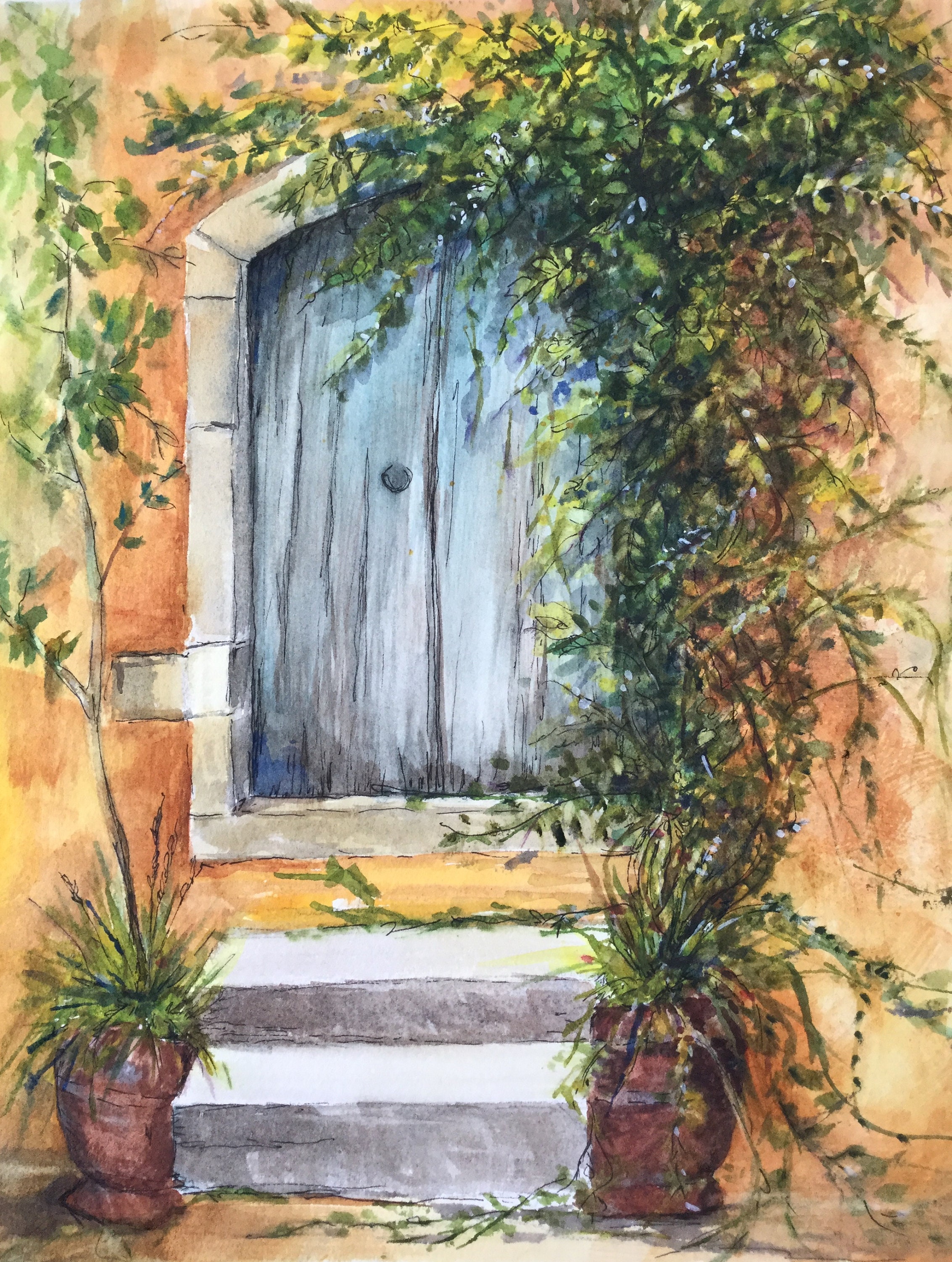 Watercolor Print Rustic Doorway Ink Detailing Wall Art Etsy UK
