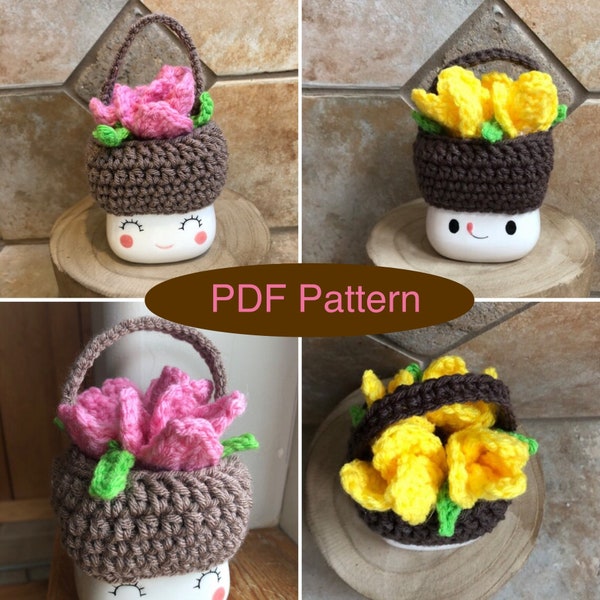 PATTERN Spring Tulip Basket Mug Hat | Rae Dunn Inspired Tiered Tray Decor Mug Hat Pattern | Crochet Pattern Mug Hat Tulip Basket