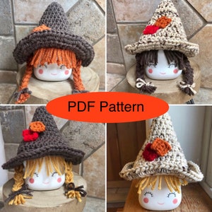 May include: Four crocheted witch hats in brown and beige with orange and red accents. The hats are designed to fit over a mug or cup. The hats are decorated with yarn braids and a small crocheted flower.