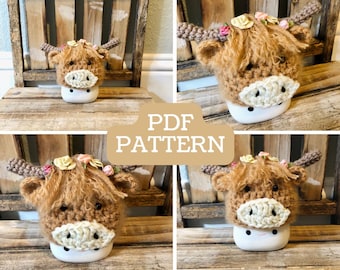 PATTERN Highland Cow Marshmallow Mug Hat / Rae Dunn Farmhouse display tiered tray cow mug hat / Highland Cow Decor / Farmhouse Decor