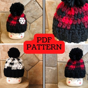 May include: Three crochet hats with pom poms and snowflake embellishments. The hats are black with red and white plaid patterns. The hats are sitting on top of white mugs with smiling faces. The image includes the text "PDF PATTERN".