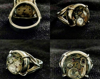 Sterling Silver Hand Fabricated Ring Set with Vintage Watch Movement Encased in Acrylic