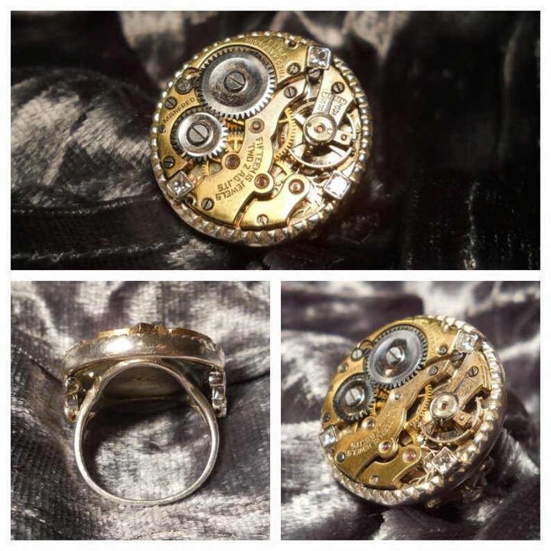 Sterling Silver Steampunk ring with Vintage watch movement and Geniune Princess Cut Diamonds image 1