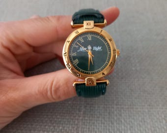 Vintage 80's / 90's After Eight Retro Green Leather Gold Watch