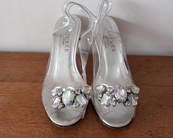 Vintage Azuree Cannes Crystal Jewel Slingback Heels – Silver Metallic Perspex Wedding Shoes