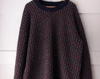 Vintage Ore Norway Bird's-eye Navy & Red Chunky Knit Wool Mix Jumper Size XL