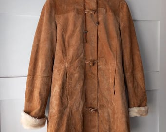 Vintage Orvis Tan Suede Leather Faux Fur Lined Hooded Duffle Coat Size M