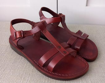 Sandalias planas estilo gladiador de cuero marrón camel vintage, modelo Jerusalem Jesus Fisherman, talla UK 6.