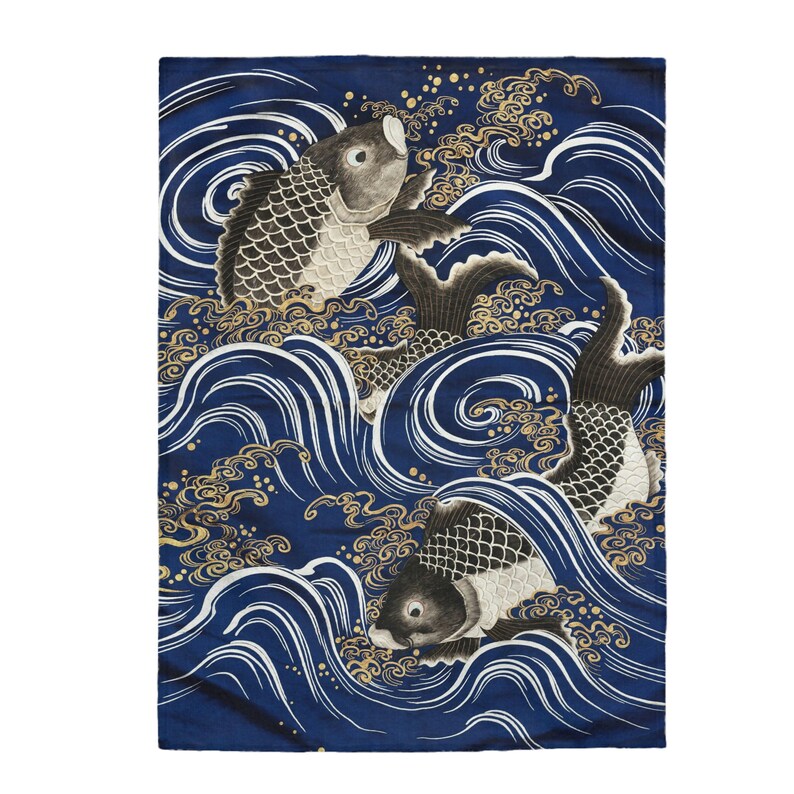 Japanese Fukusa With Carp in Waves Plush Blanket Gift Throw, Japanese Throw Gift, Fleece Blanket