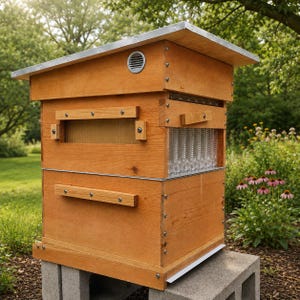 May include: A wooden beehive featuring a slanted metal roof, a circular side vent, and a rectangular viewing window on the side. The structure is constructed from light brown timber panels secured with metal screws and sits on concrete blocks.