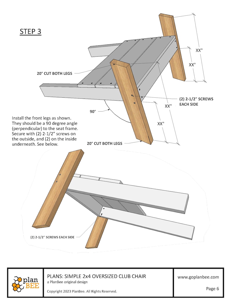 Op de afbeelding: Stap 3 van een houtbewerkingsproject voor het bouwen van een eenvoudige, oversized clubstoel van 2x4. Het diagram laat zien hoe de voorpoten met 6,35 cm lange schroeven aan het zitframe worden bevestigd. De poten zijn in een hoek van 20 graden gezaagd en moeten loodrecht op het zitframe staan.
