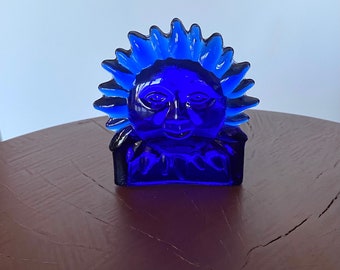 Small vintage cobalt blue sun tealight candle holder