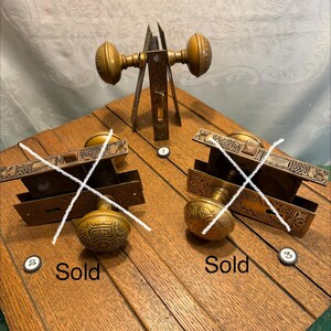 Victorian Eastlake cast brass doorplate & knobset with ornate steel-face mortise plus key, selling each set separately - 2-3/8" backset