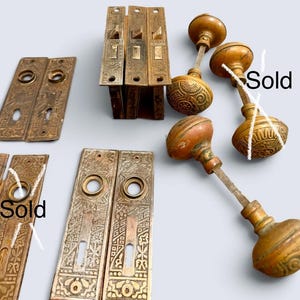 Victorian Eastlake door hardware components, selling separately - cast iron plates, brass knobs, steel mortises 2-3/8" backset, 5-1/4" face