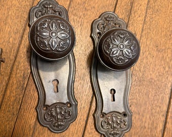 Ornate Victorian doorknob and plate set, iron - antique door hardware