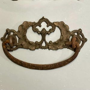 Antique cabinet bale pulls, 3" mounting spacing, cast brass & steel ornate handles
