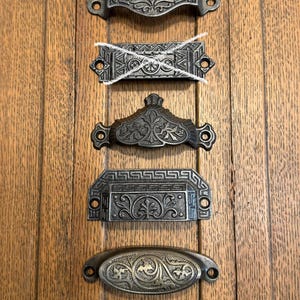 Ornate bin pulls, cast iron - antique cabinet hardware