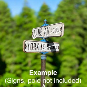May include: Two street signs, one above the other, with the names "Zane Av" and "York Av" in black lettering. The signs are white with a distressed look, mounted on a blue and brown post. The background is blurred green trees and a blue sky.