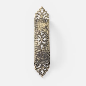 Rare Tudor-Revival push plate, Hammered German Silver, 14" tall - antique door hardware