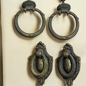 PAIR of brass ring pulls, center-mount, 2 styles - antique furniture hardware