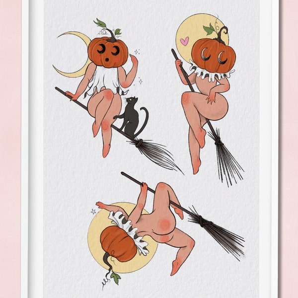 High quality A4 print- witchy pumpkin lady tattoo style sheet