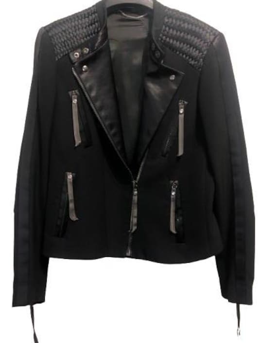 VIKTOR & ROLF Black Jacket in Biker Leather Jacket Mood with Satin Embellishments and zip size 44 ita #ViktoreRolf #large #avantgarde