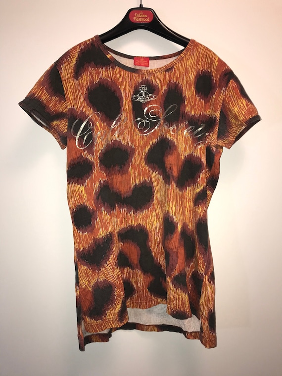 VIVIENNE WESTWOOD "Cafe' Society" s/s 1994 Collection T Shirt, with Animalier Print and Spell Out Logo on front, size XL #westwood