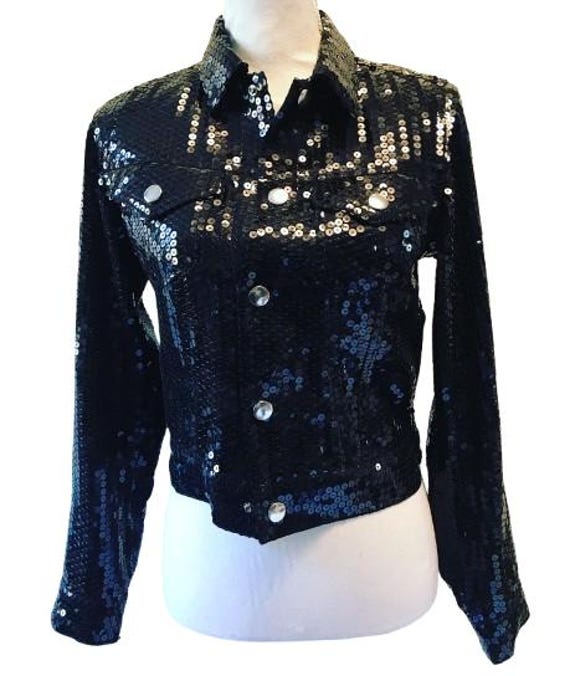 COMME DES GARCONS Black Sequind Jacket, four pockets, silver metal pressure buttons, size 40 - 42 check the measurements, denim jacket cut