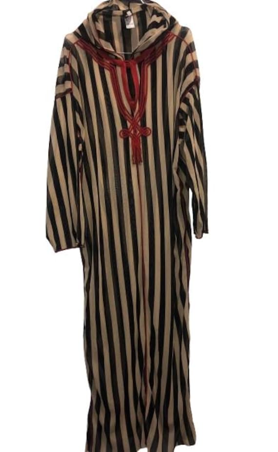 JEAN PAUL GAULTIER Soleil Hooded Caftan in Iconic Striped Mesh in Black and Beige Stripes with Red Embellishment #jeanpaulgaultier