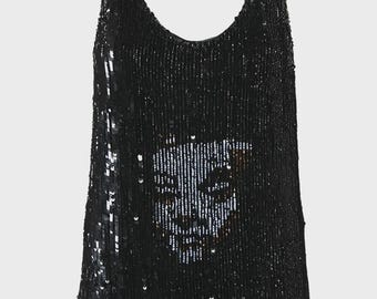 ALEXANDER McQUEEN Very Rare Embroidered Top or Mini Dress (Sequins and Beads) Creating Marlene Diterich Portrait on Front Size 42 #Vintage